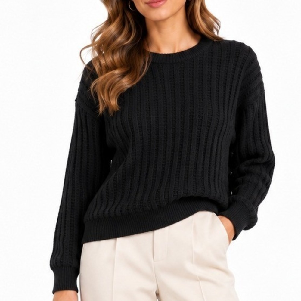 Yakira Bella Black Ribbed Knit Lined Crewneck Sweater Womens Large Pullover